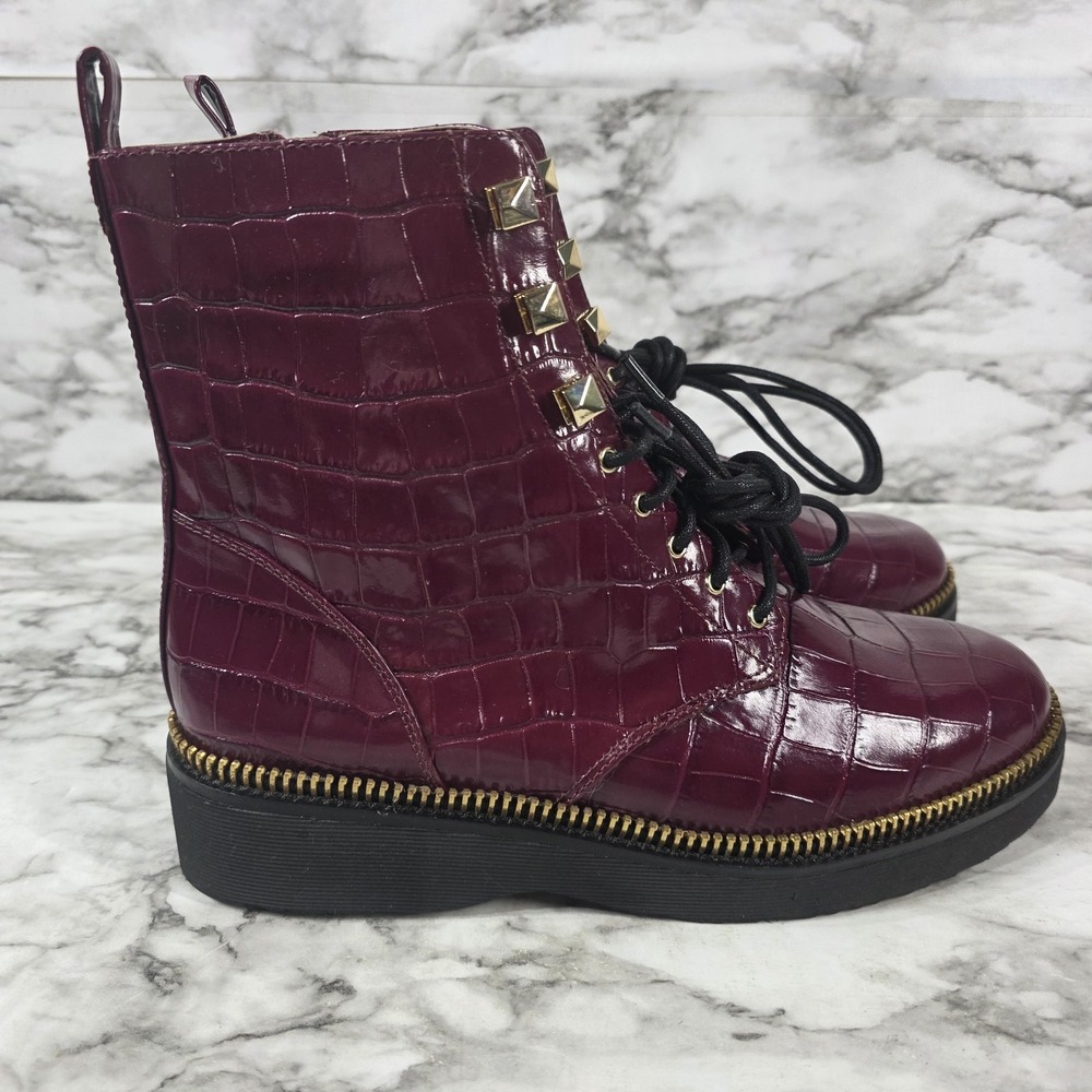 Michael Kors Haskell Crocodile Embossed Leather Combat Boot Maroon Sz 10M